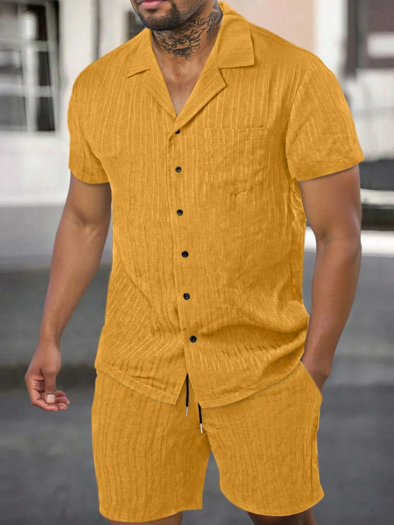 Men Solid Button Up Shirt And Drawstring Waist Shorts