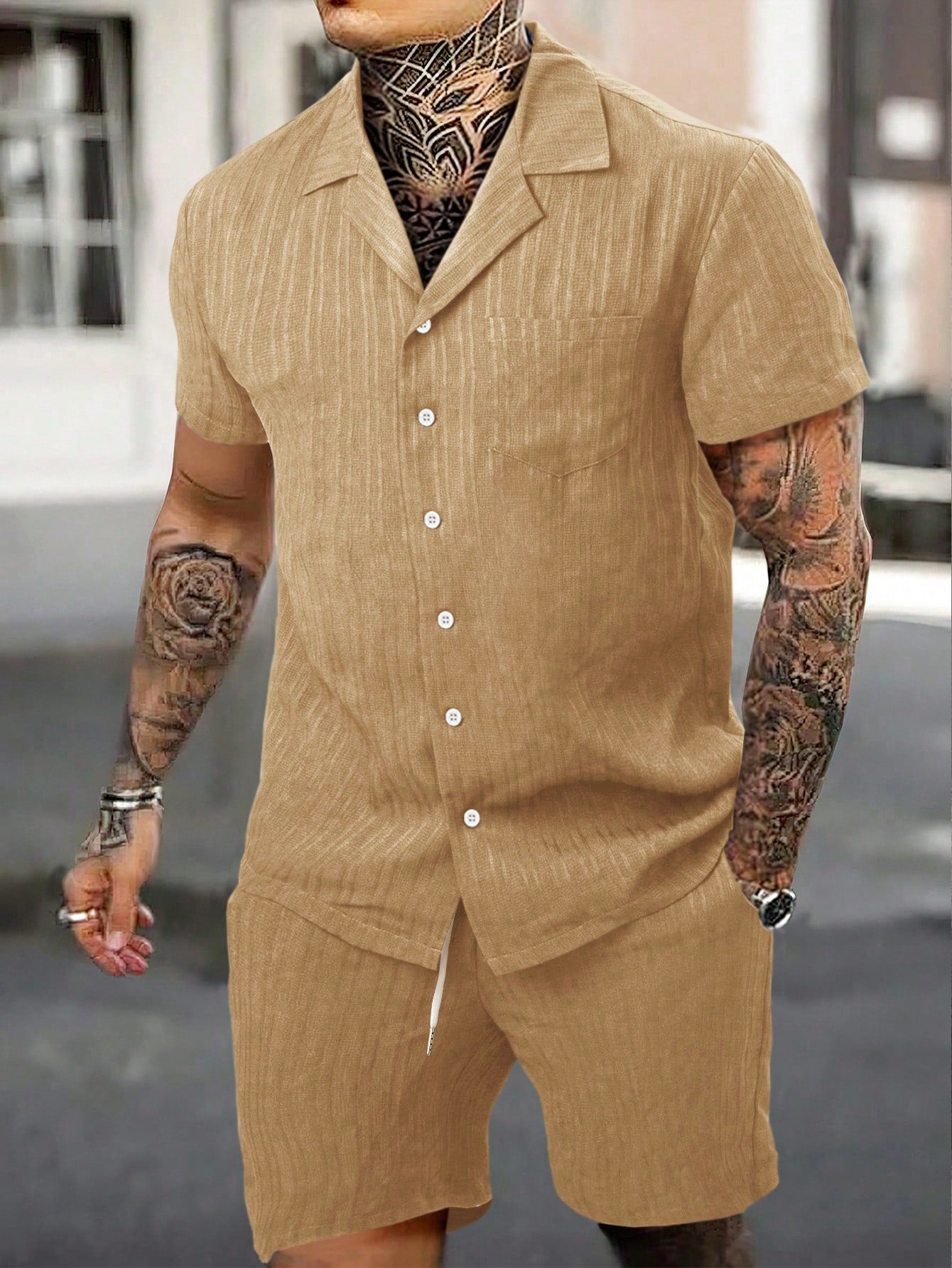 Men Solid Button Up Shirt And Drawstring Waist Shorts