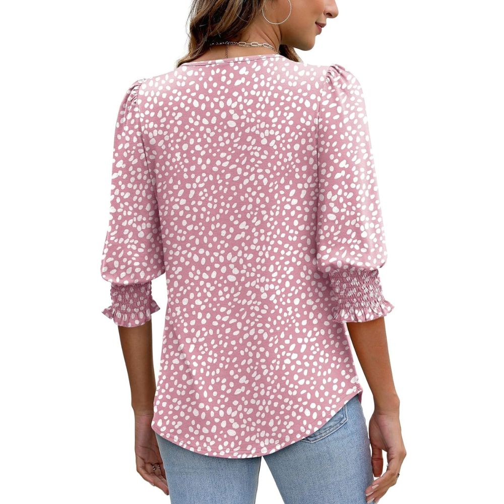 Dressy Casual 3/4 Length Sleeve Women's Tops with Smocked CuffsDressy Casual Tunic Top With Smocked Sleeve Cuffs And Curved Hem For Women - Image 20