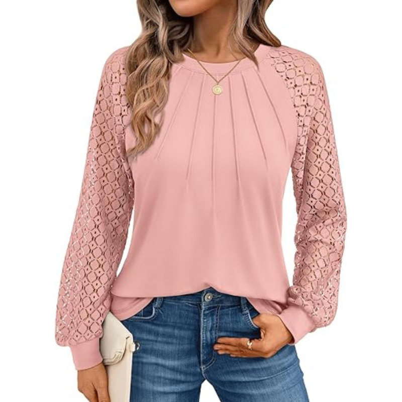 Long Sleeve Tops With Pleated Front And Lace Detail For WomenLong Sleeve Tops With Pleated Front And Lace Detail For Women - Image 9