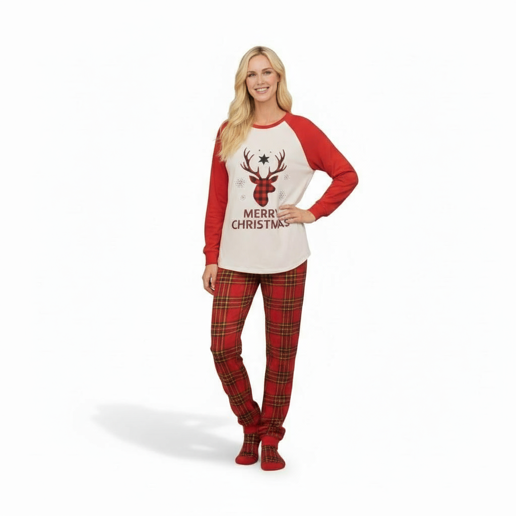 Plaid Reindeer Merry Christmas Family Matching Pajama Set
