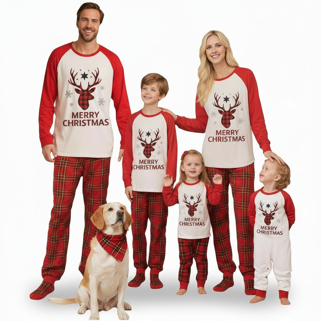 Plaid Reindeer Merry Christmas Family Matching Pajama Set