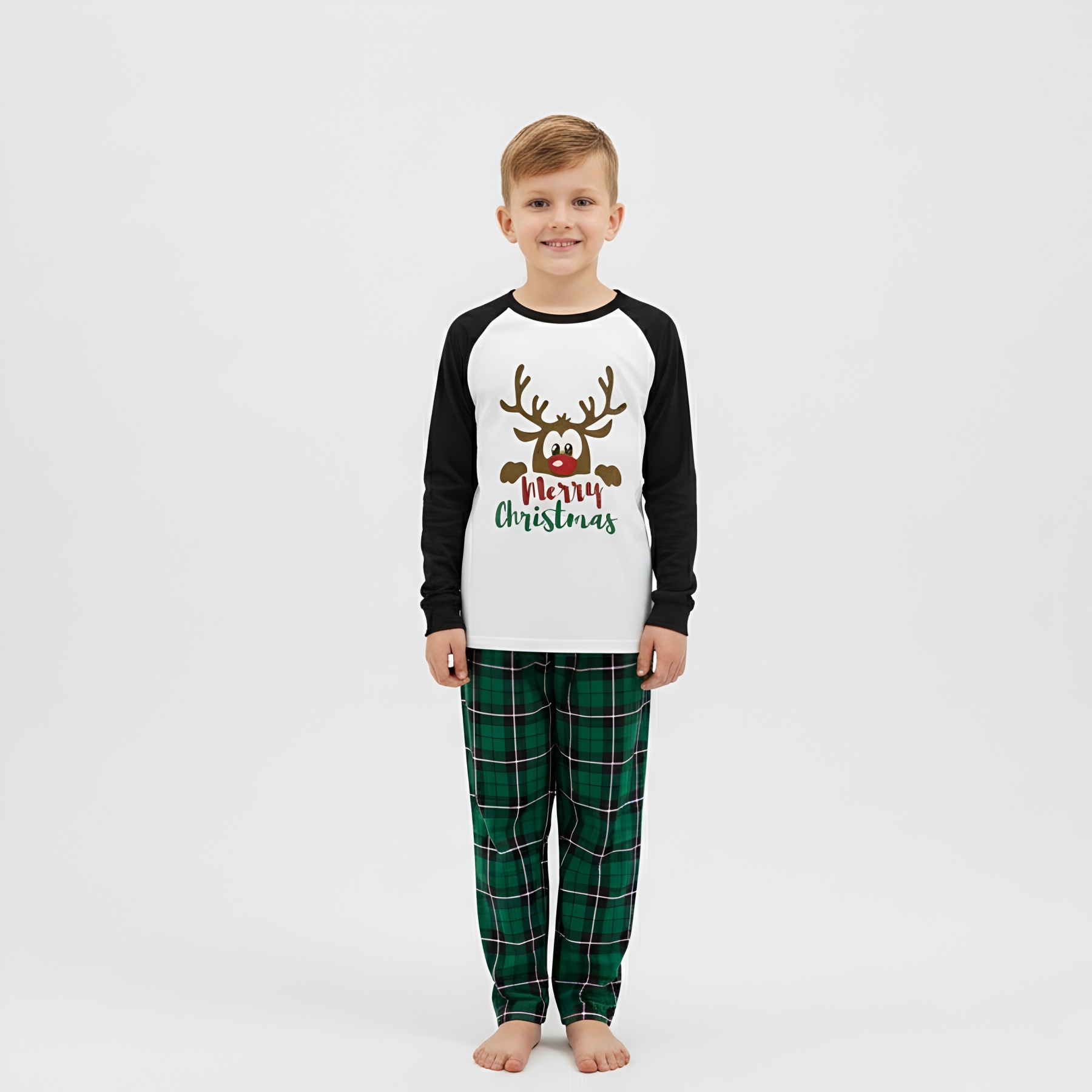 Green Plaid Reindeer Merry Christmas Family Matching Pajama Set
