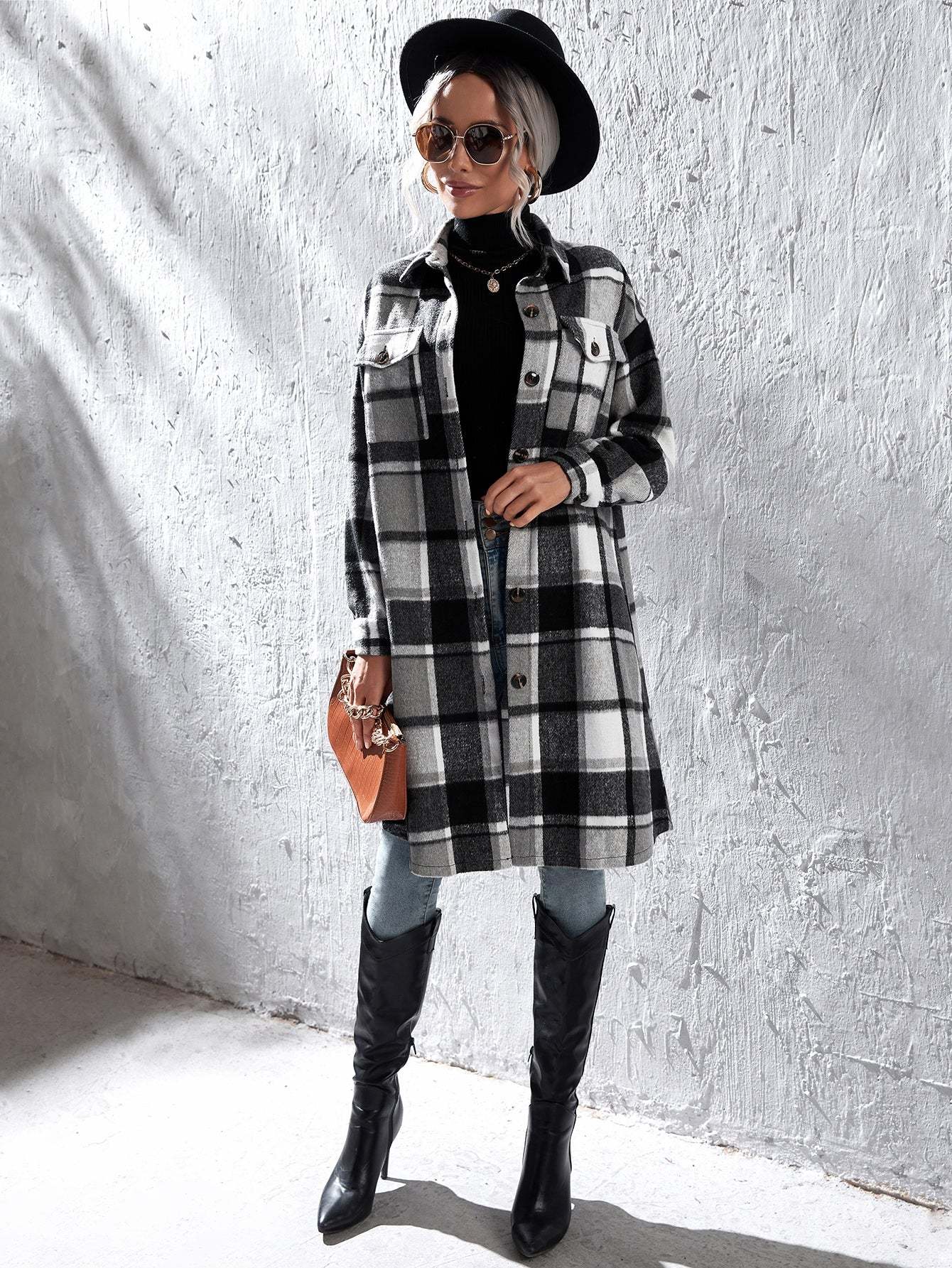 Plaid Flap Pocket Drop Coat-Cozy Knit Sets