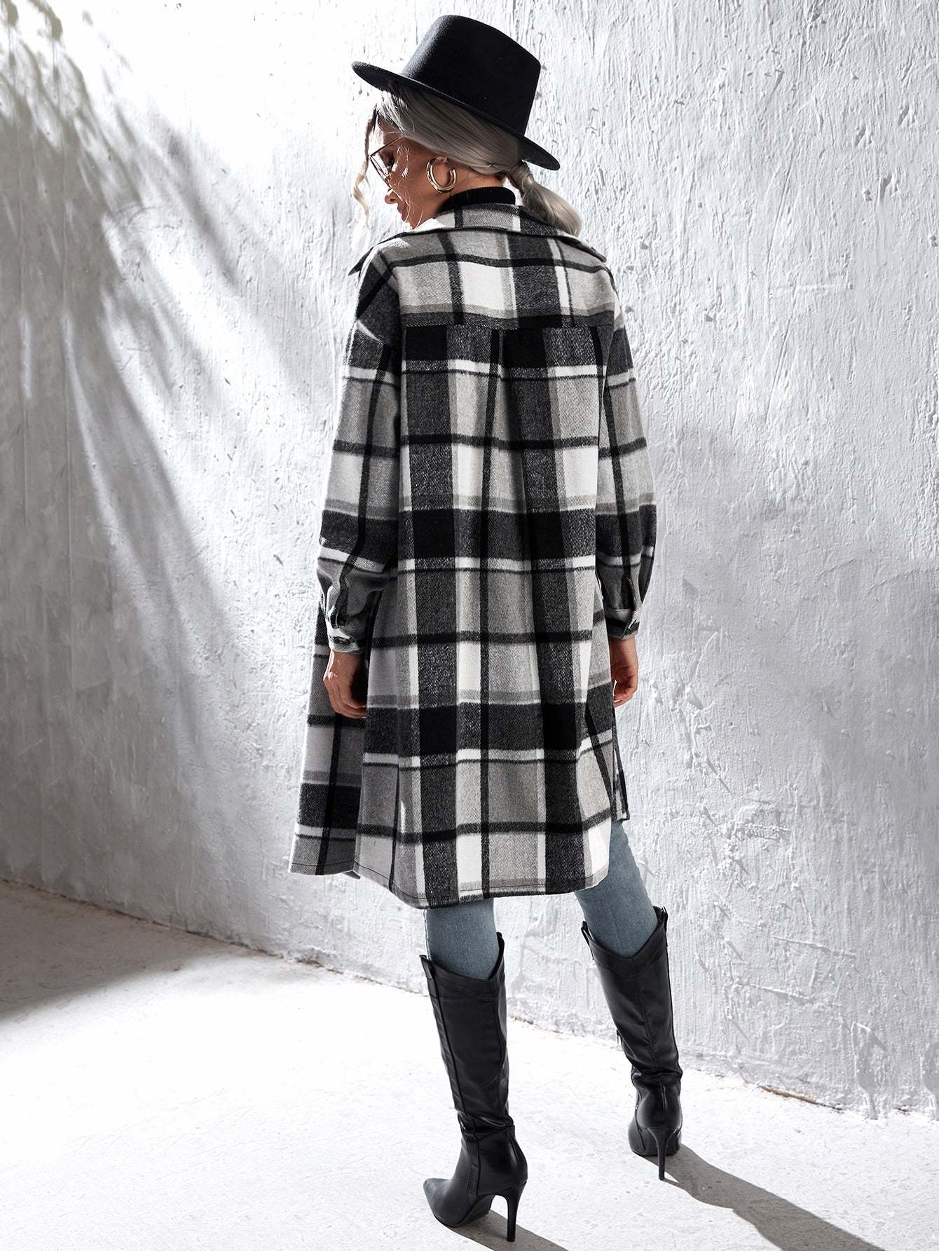 Plaid Flap Pocket Drop Coat-Cozy Knit Sets
