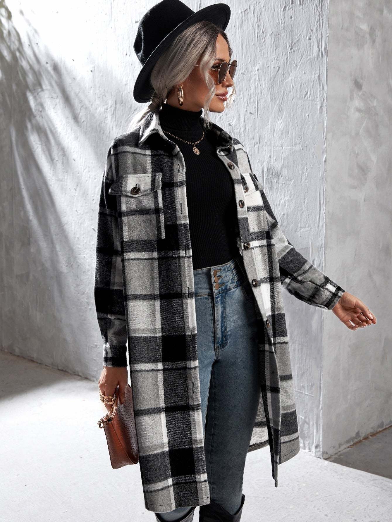 Plaid Flap Pocket Drop Coat-Cozy Knit Sets