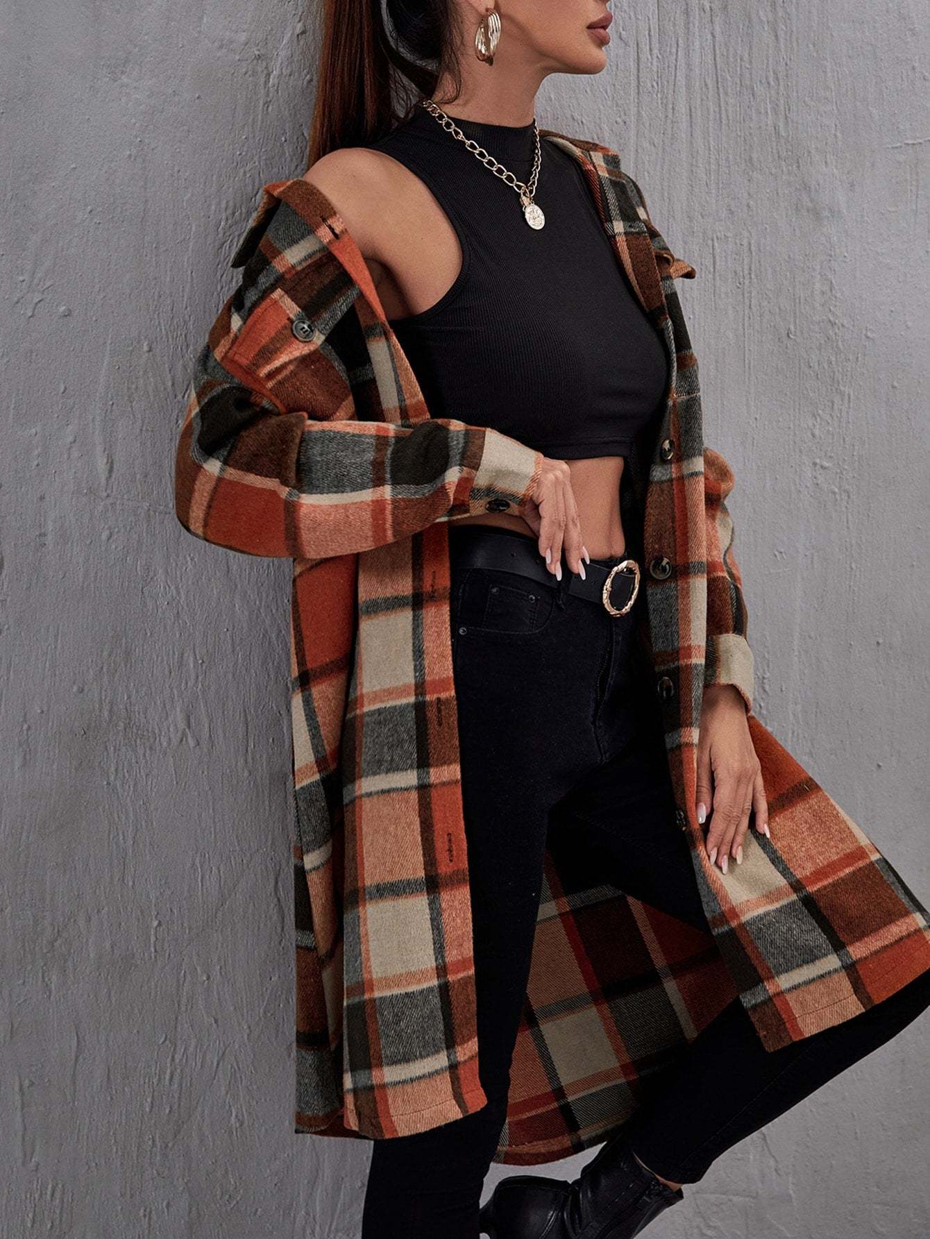Plaid Flap Pocket Drop Coat-Cozy Knit Sets