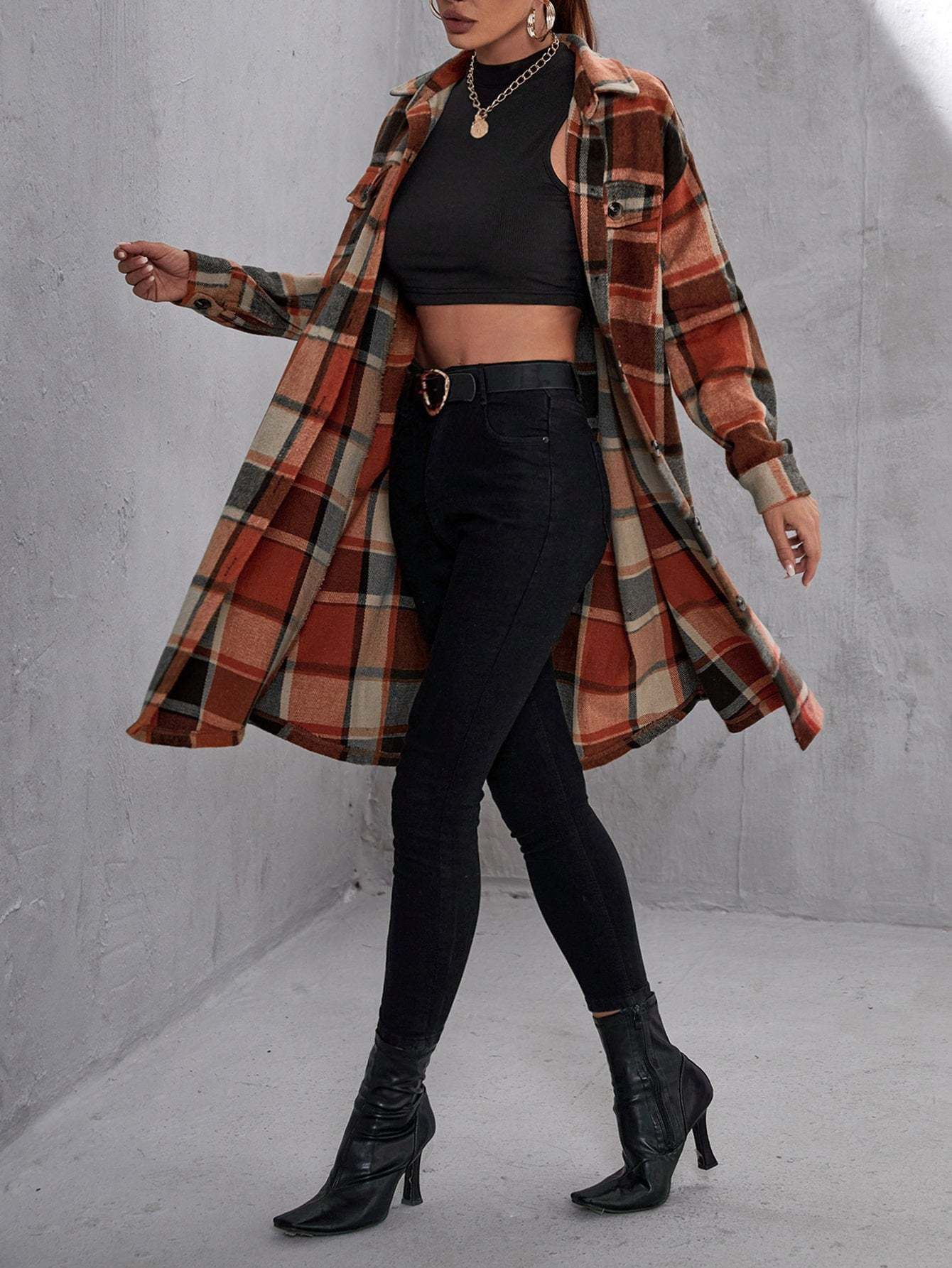 Plaid Flap Pocket Drop Coat-Cozy Knit Sets