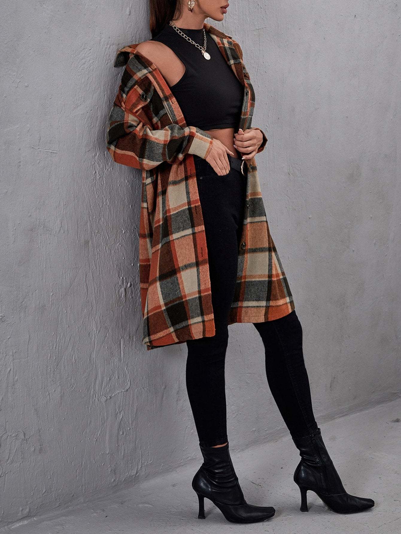 Plaid Flap Pocket Drop Coat-Cozy Knit Sets