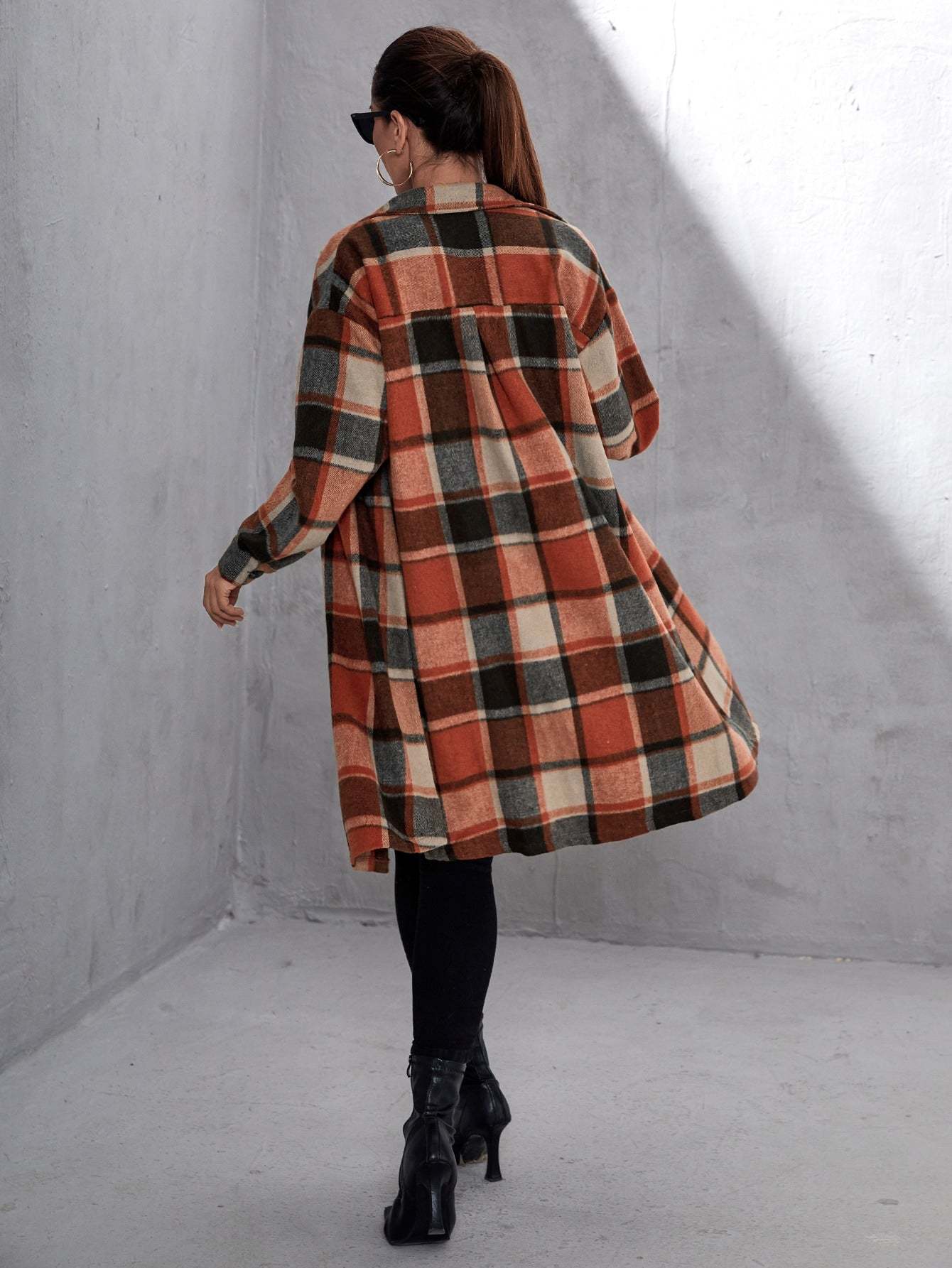 Plaid Flap Pocket Drop Coat-Cozy Knit Sets