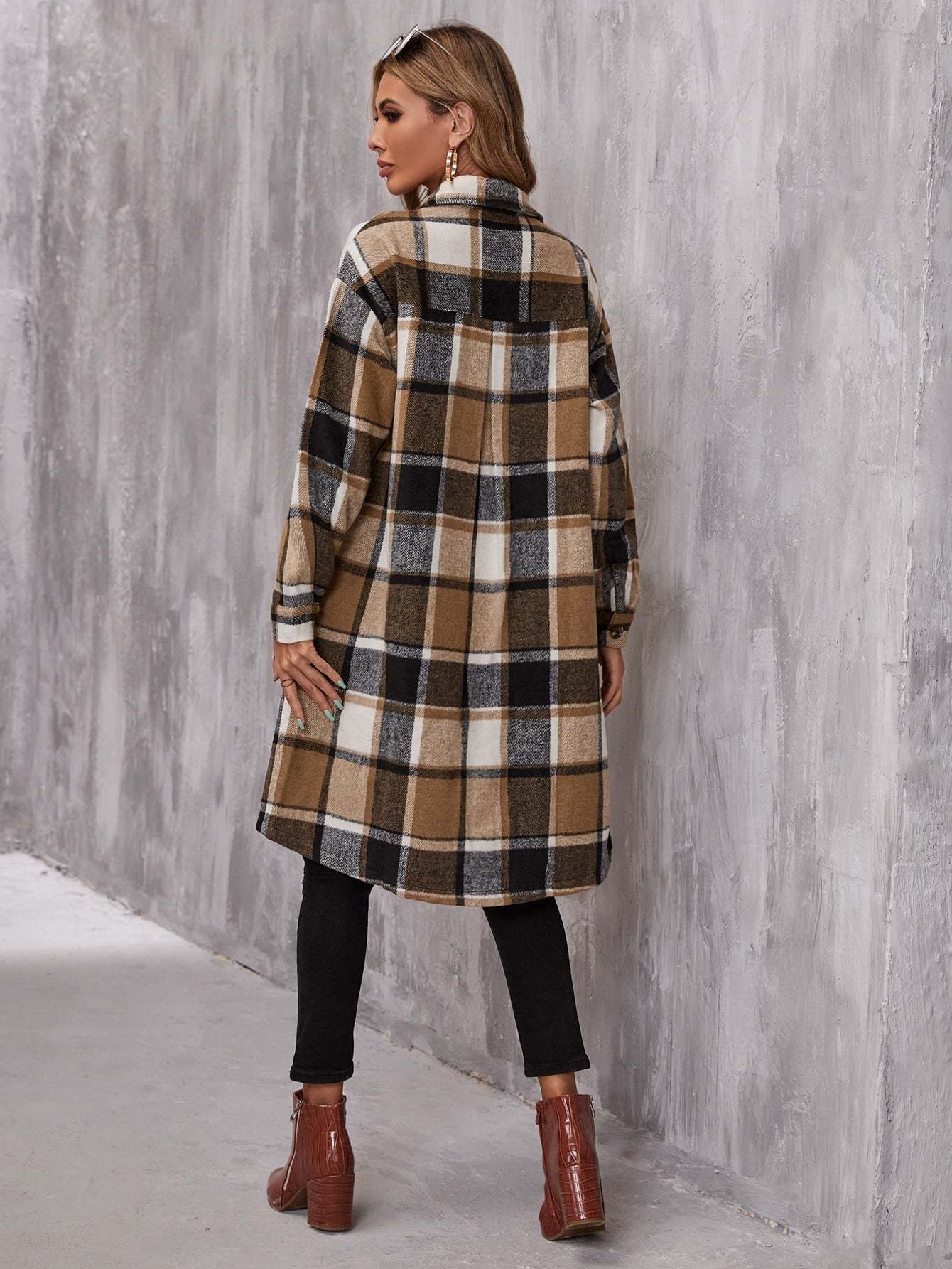 Plaid Flap Pocket Drop Coat-Cozy Knit Sets