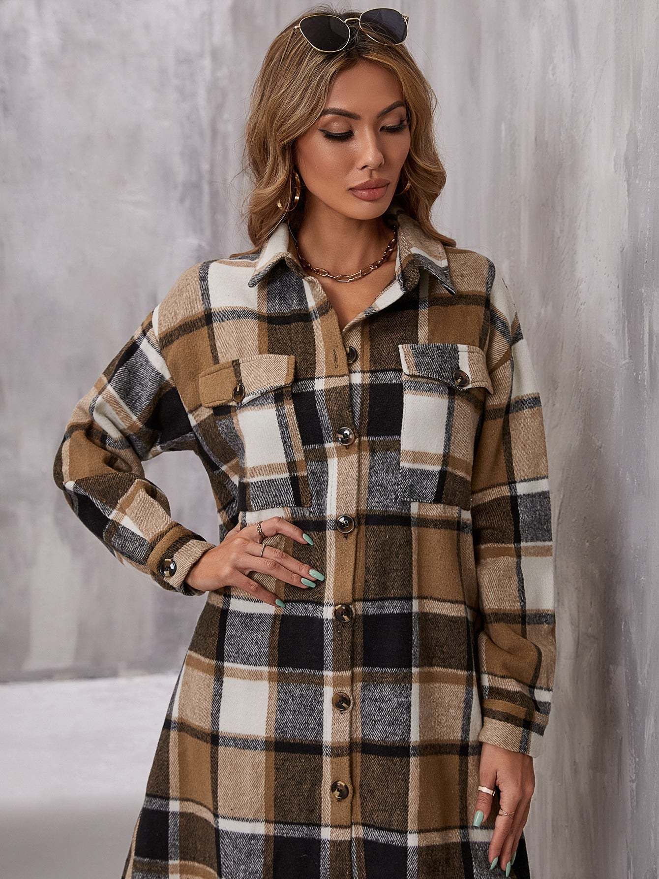 Plaid Flap Pocket Drop Coat-Cozy Knit Sets
