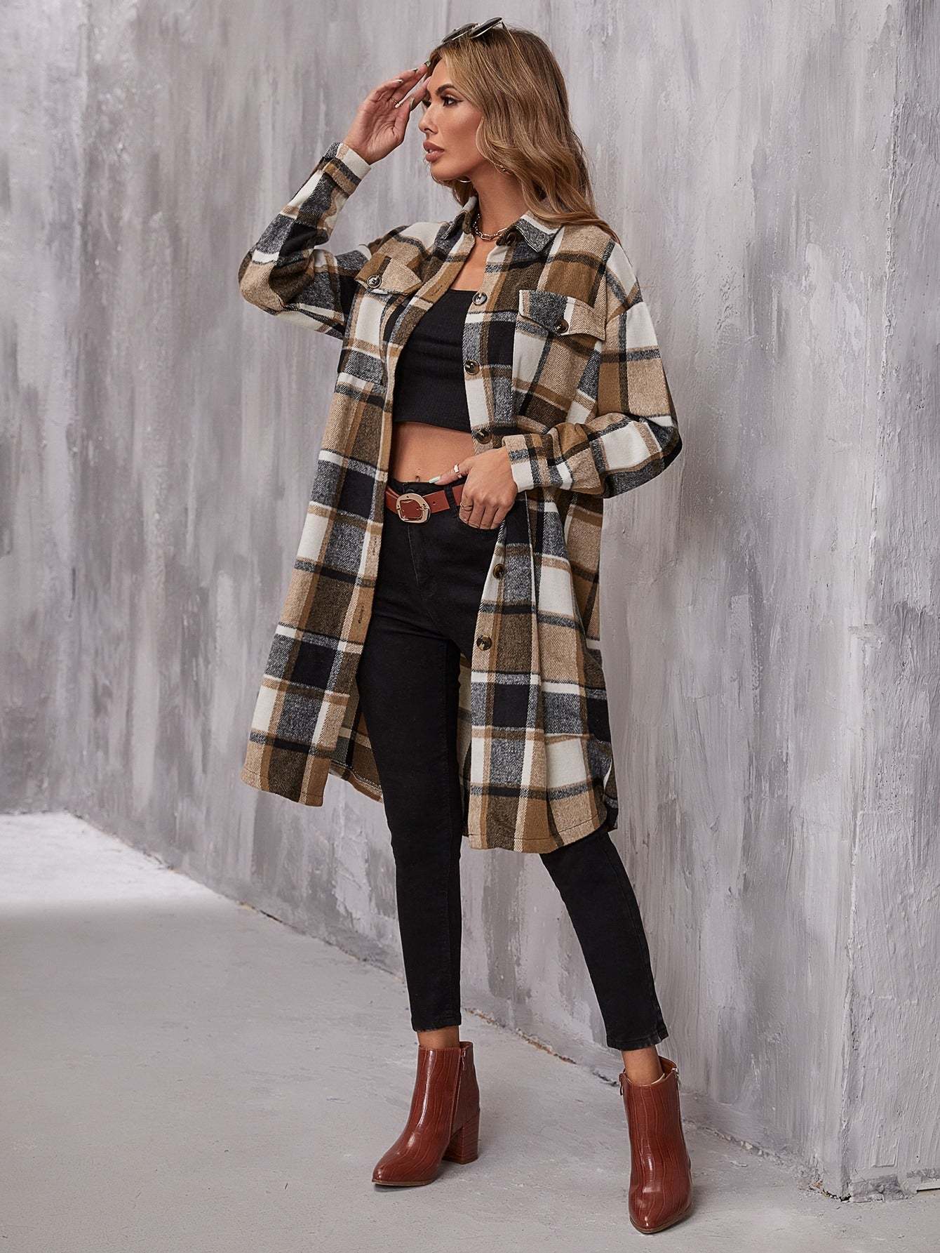 Plaid Flap Pocket Drop Coat-Cozy Knit Sets