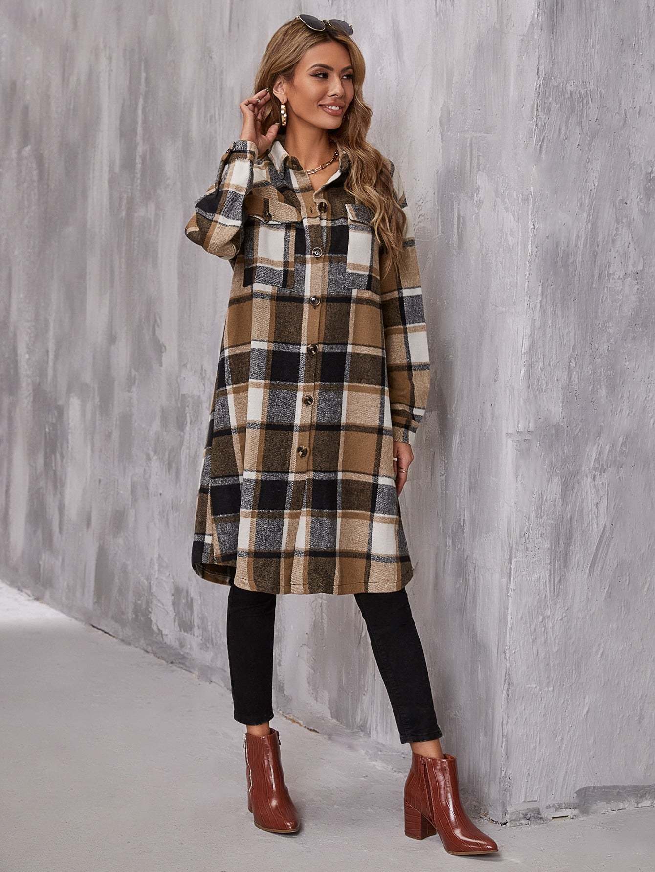 Plaid Flap Pocket Drop Coat-Cozy Knit Sets