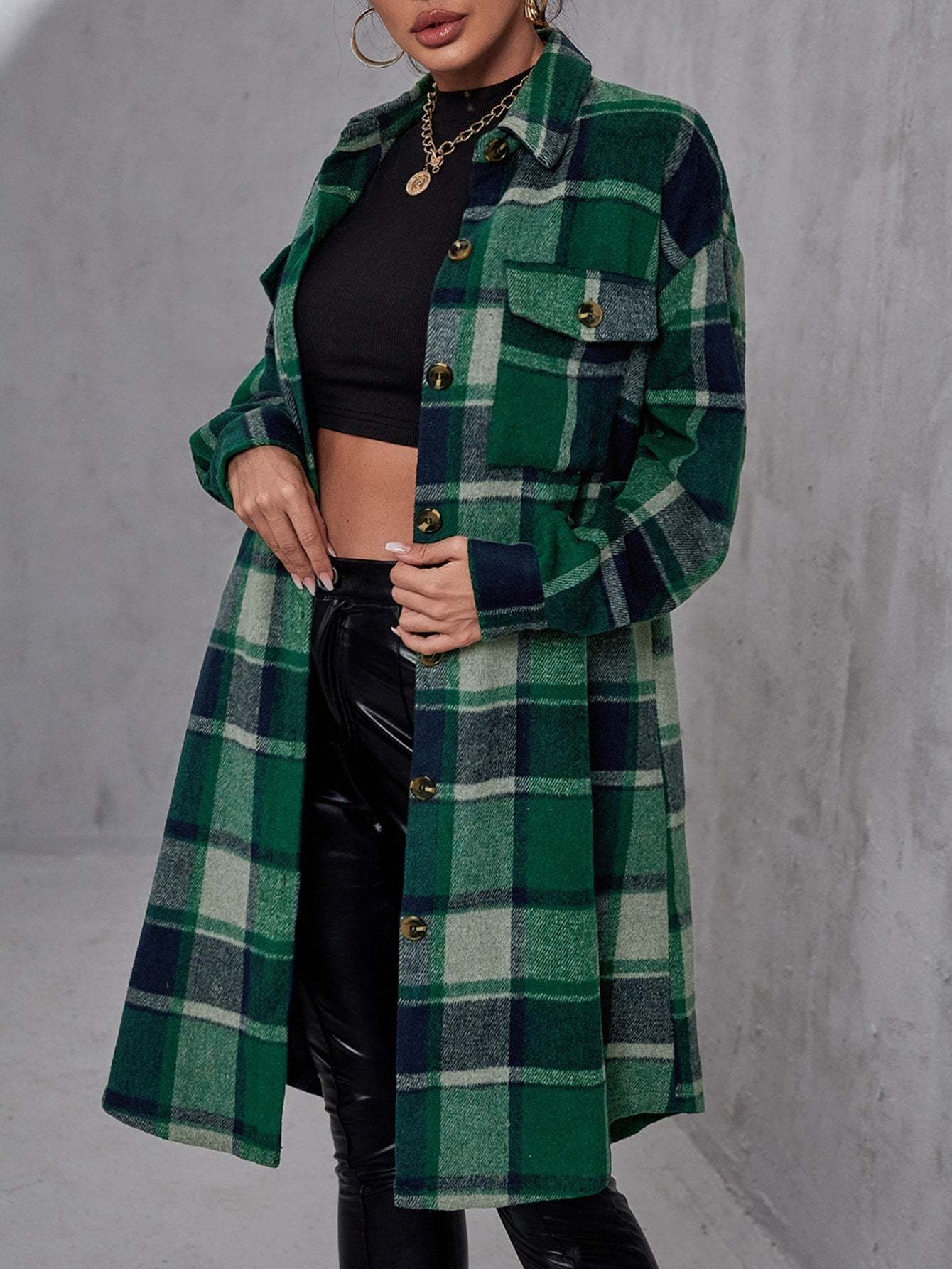 Plaid Flap Pocket Drop Coat-Cozy Knit Sets