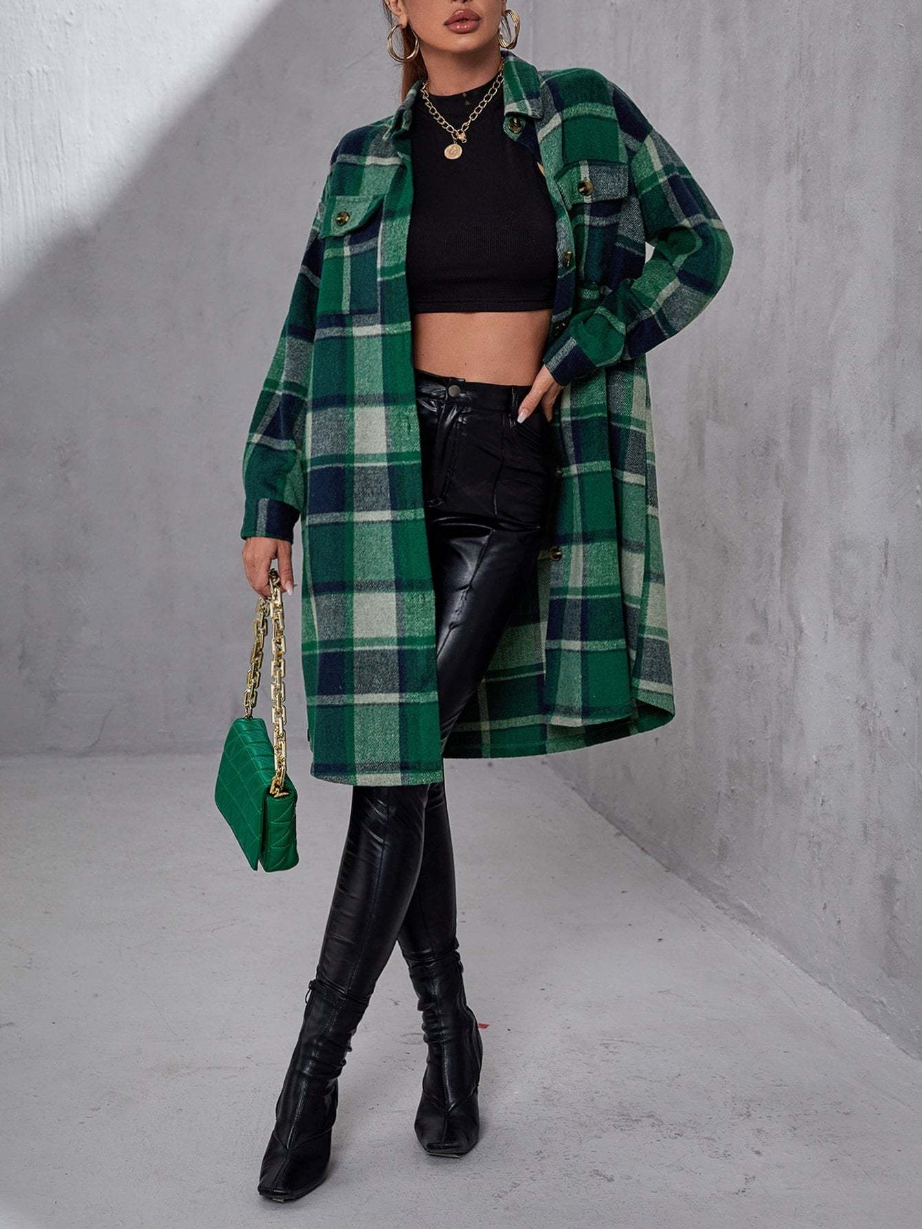 Plaid Flap Pocket Drop Coat-Cozy Knit Sets
