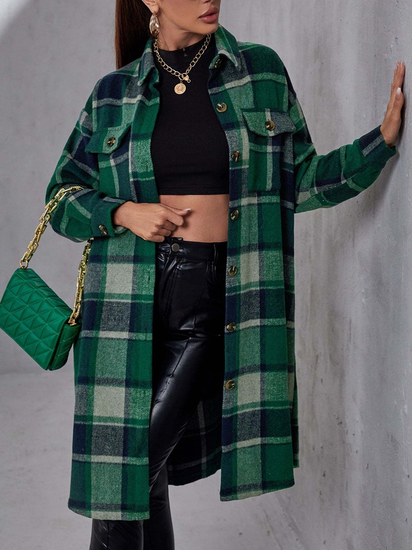 Plaid Flap Pocket Drop Coat-Cozy Knit Sets