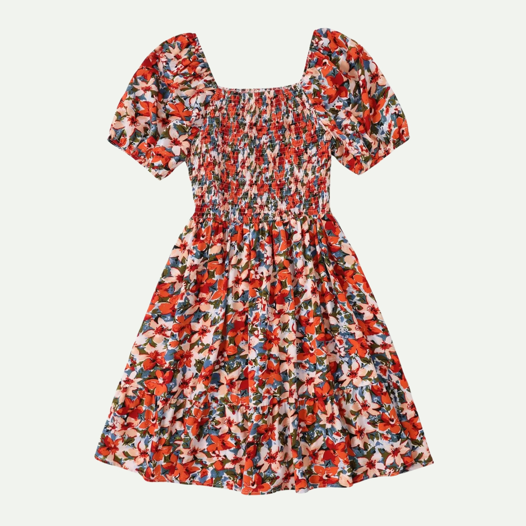 Plus Size Ditsy Floral Shirred A Line Ruffle Hem Dress For Women
