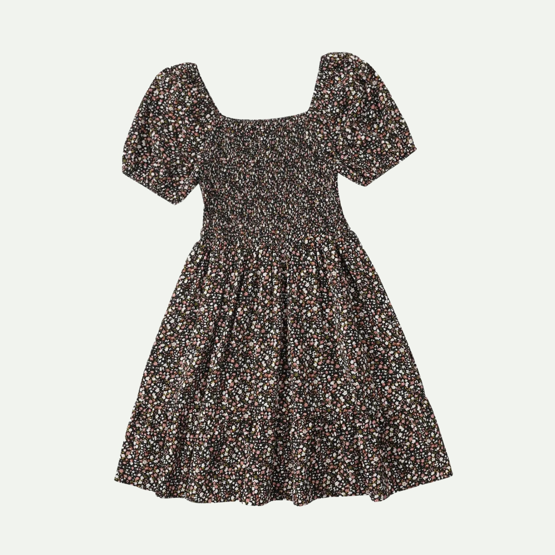 Plus Size Ditsy Floral Shirred A Line Ruffle Hem Dress For Women