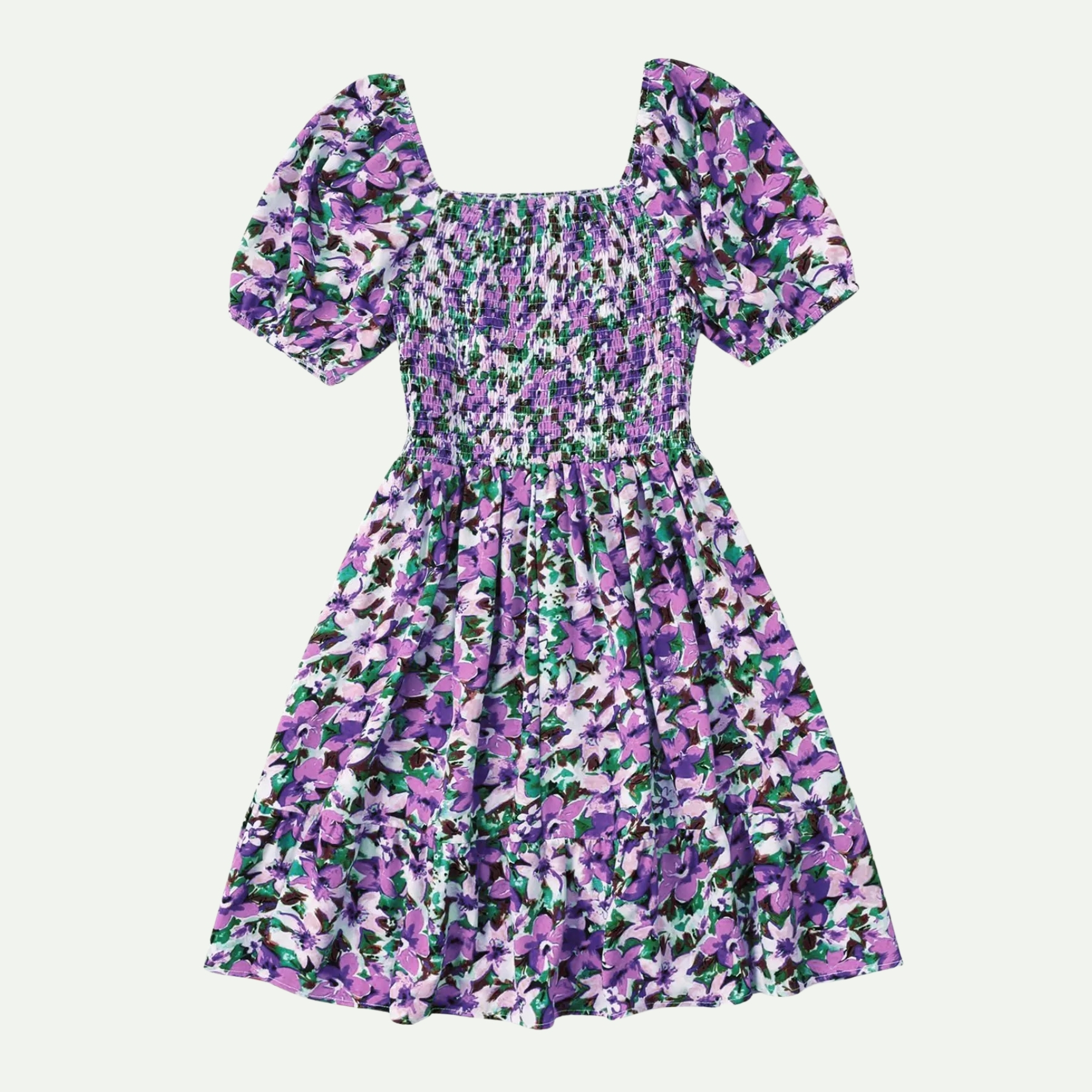 Plus Size Ditsy Floral Shirred A Line Ruffle Hem Dress For Women