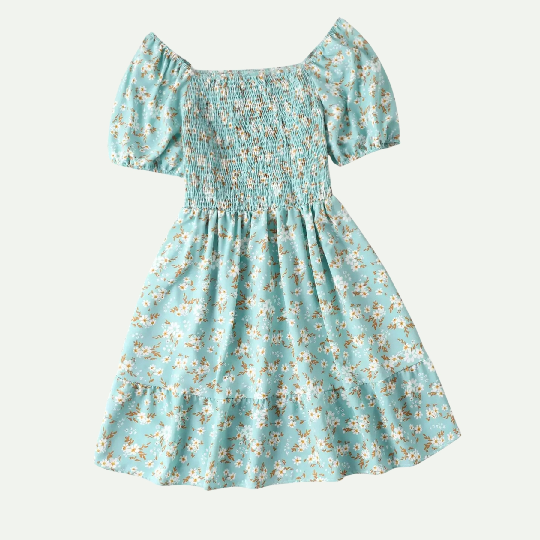 Plus Size Ditsy Floral Shirred A Line Ruffle Hem Dress For Women