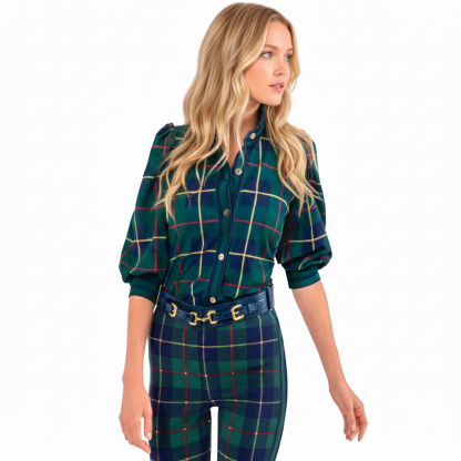 Puff Sleeve Button Front Checked Casual Top