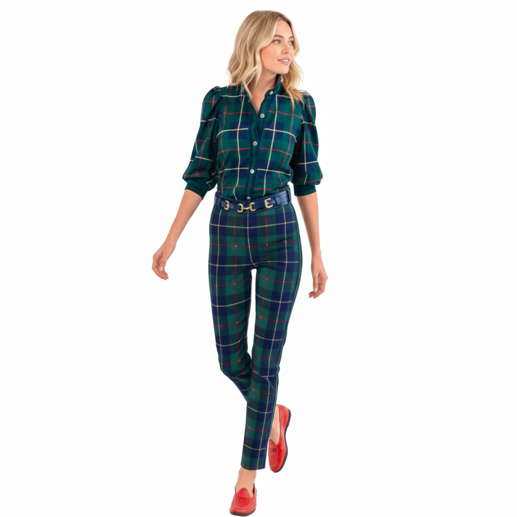 Puff Sleeve Button Front Checked Casual Top