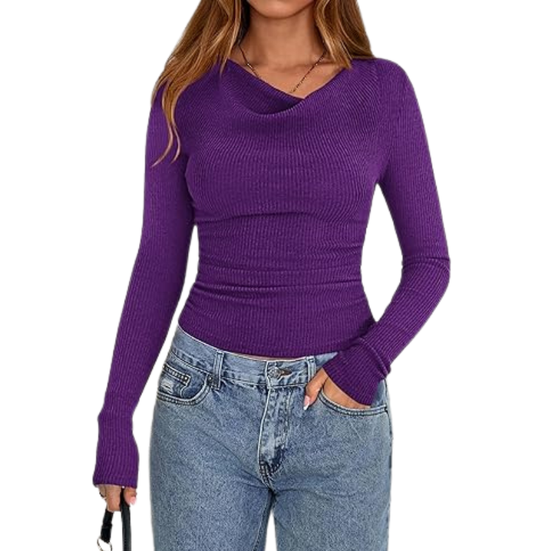 Womens Long Sleeve Cowl Neck Ribbed Knit Slim Fit Top