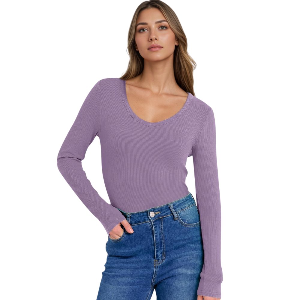 Long Sleeve Shirts for Women V Neck Ribbed Knit Fitted Fall Basic Tshirts
