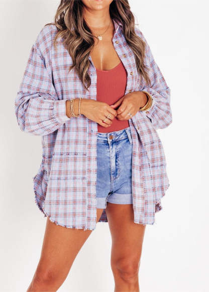 Raw Edge Oversized Washed Shirt Jacket With Pockets-Cozy Knit Sets