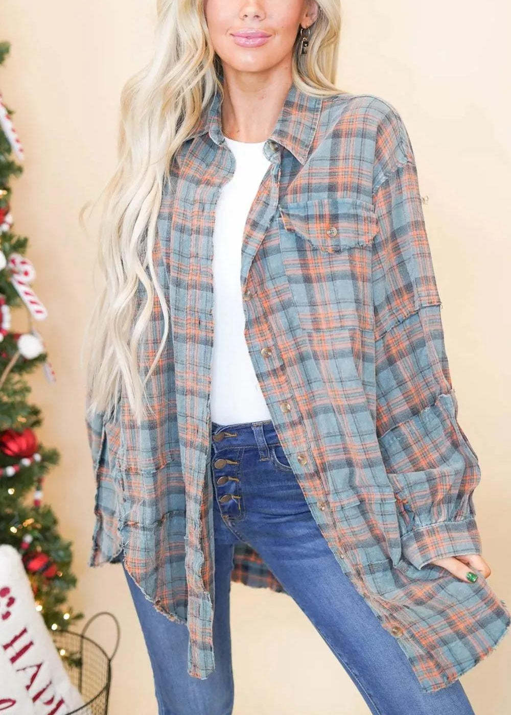 Raw Edge Oversized Washed Shirt Jacket With Pockets-Cozy Knit Sets