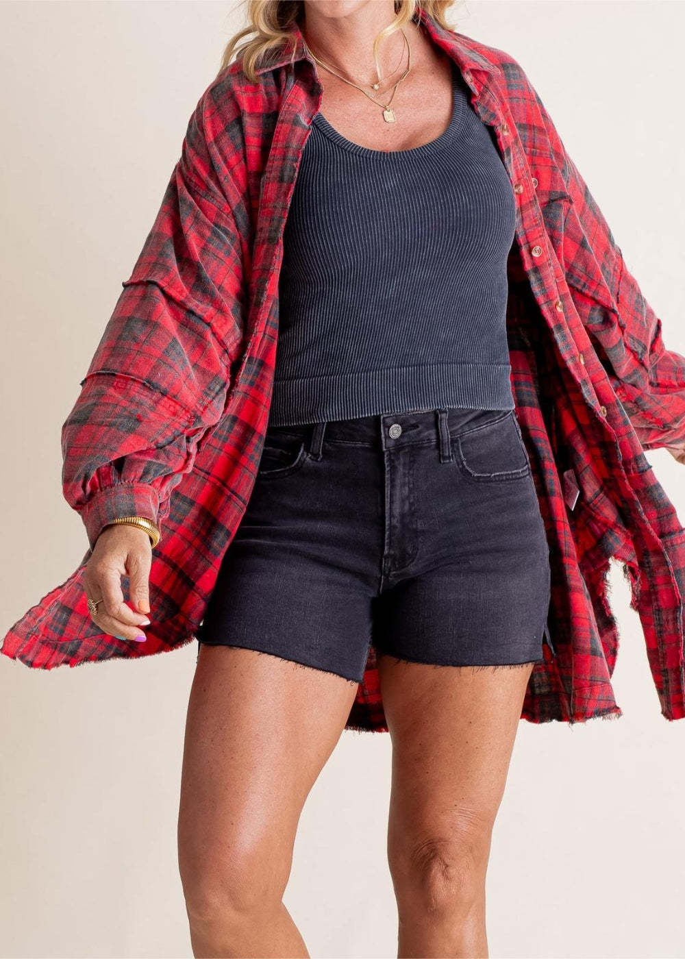 Raw Edge Oversized Washed Shirt Jacket With Pockets-Cozy Knit Sets