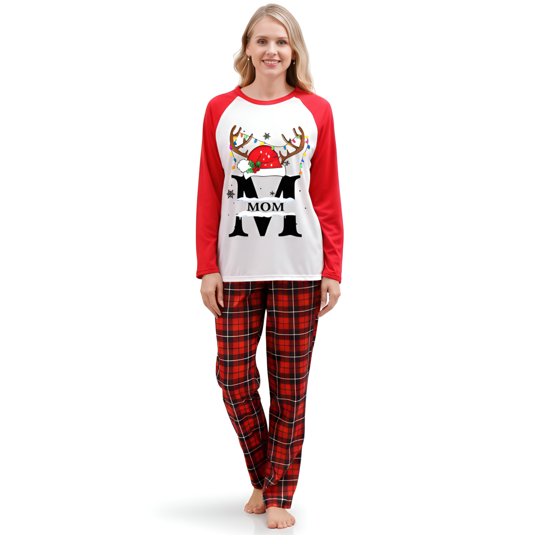 Red Plaid Pants and Reindeer Print Tops Family Matching Pajama Sets