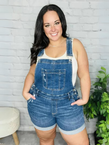 Stretchy Denim Overall High Rise Shorts-Cozy Knit Sets