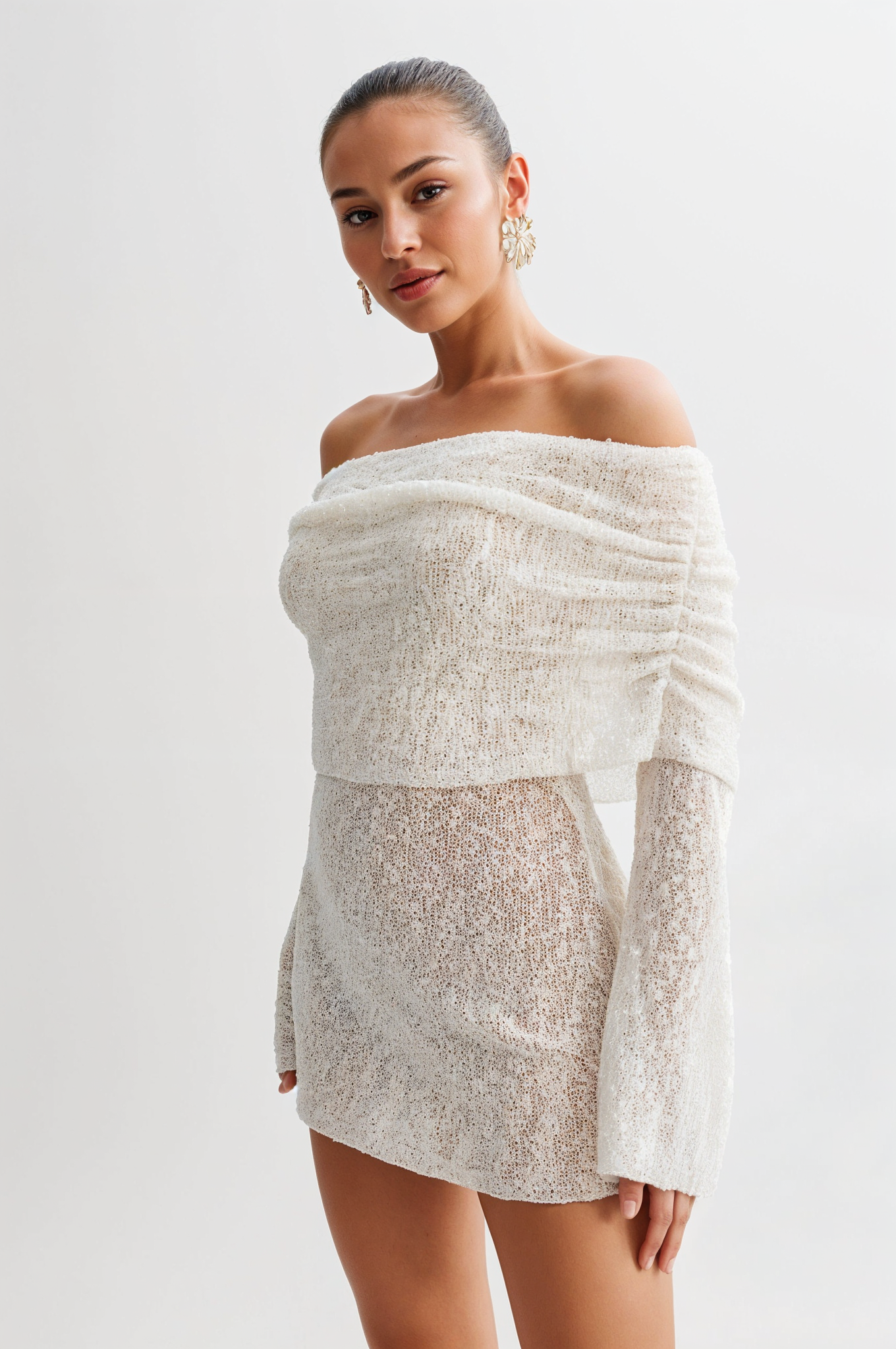 Sheer Ruched Mini Dress-Cozy Knit Sets