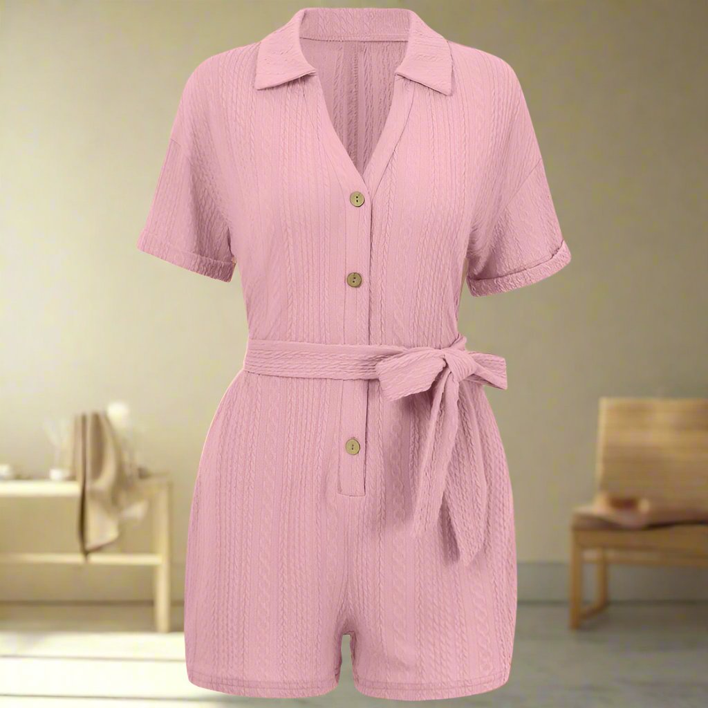 Short Sleeves Summer Jumpsuit With Tie Detailing-Cozy Knit Sets