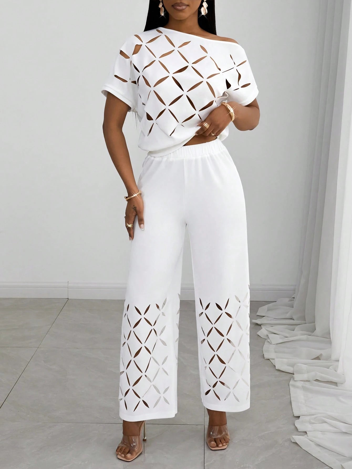 Summer Elegant Vacation One Shoulder Raglan Sleeve Set