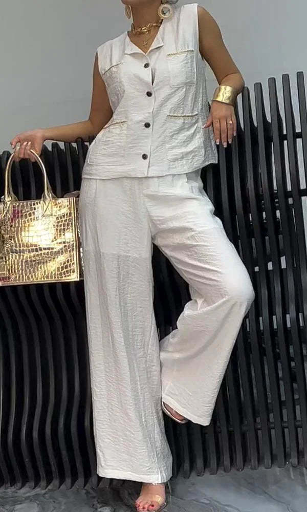 Sleeveless Button Up Top And Pants Set-Cozy Knit Sets