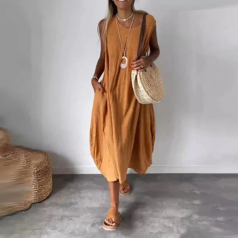 Sleeveless Casual Midi Dress With Pocket-Cozy Knit Sets