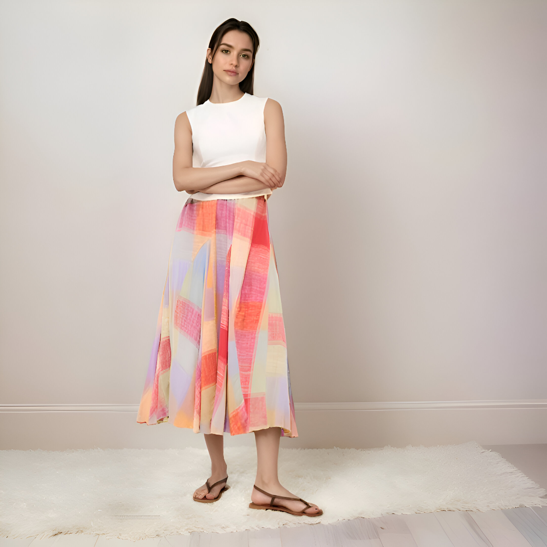 Soft Textured Pastel Plaid Midi Skirt