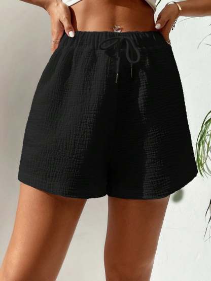 Solid Colored Drawstring Front Shorts-Cozy Knit Sets