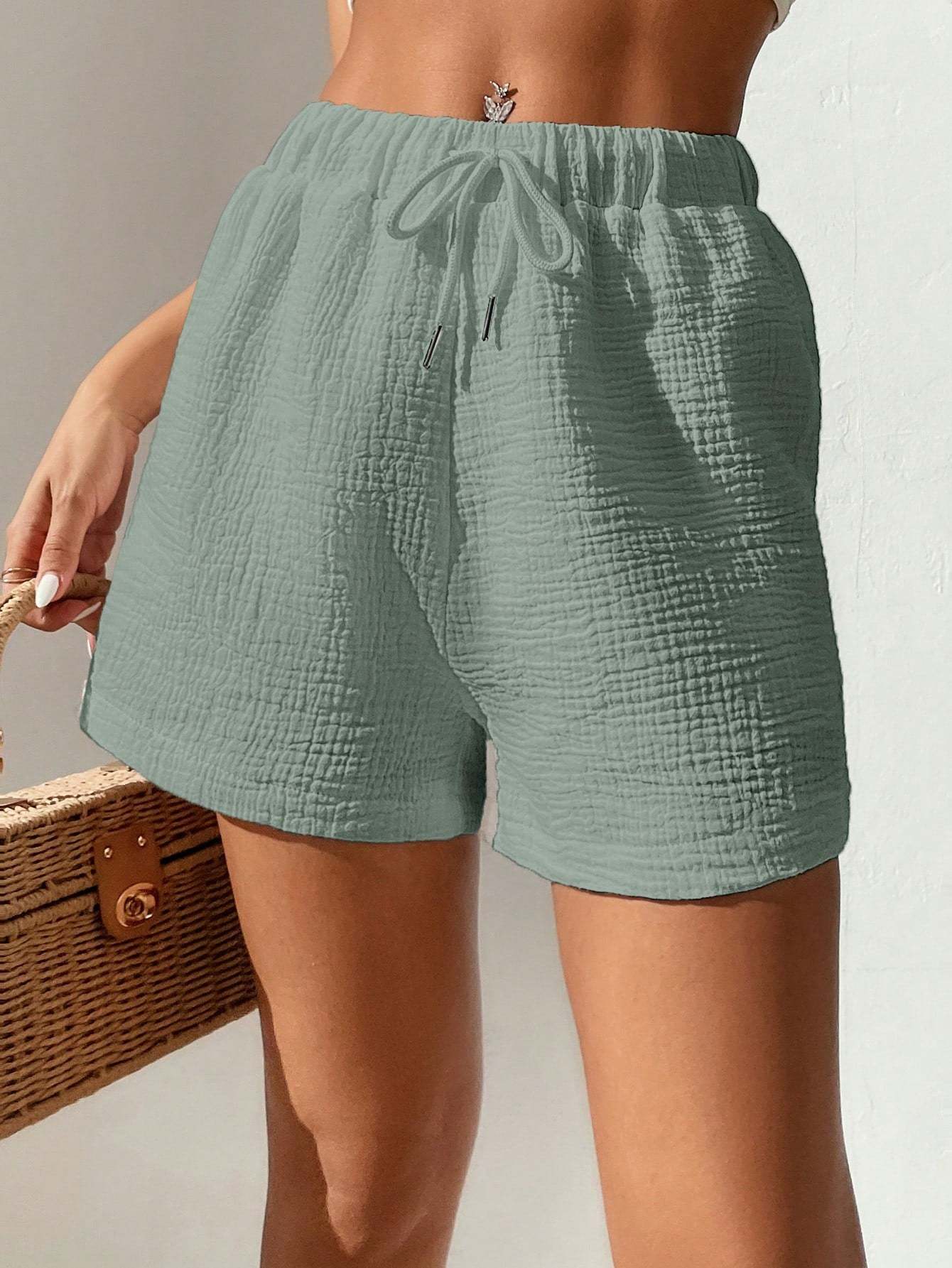 Solid Colored Drawstring Front Shorts-Cozy Knit Sets