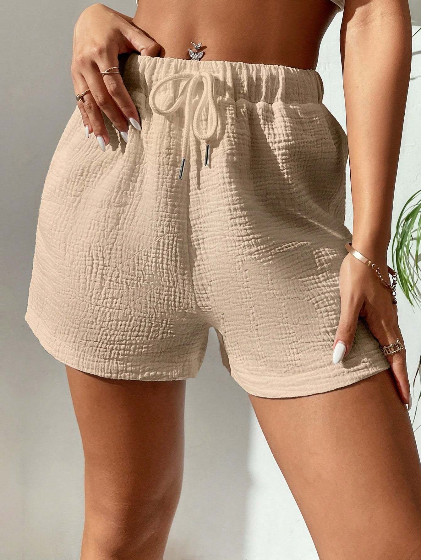 Solid Colored Drawstring Front Shorts-Cozy Knit Sets