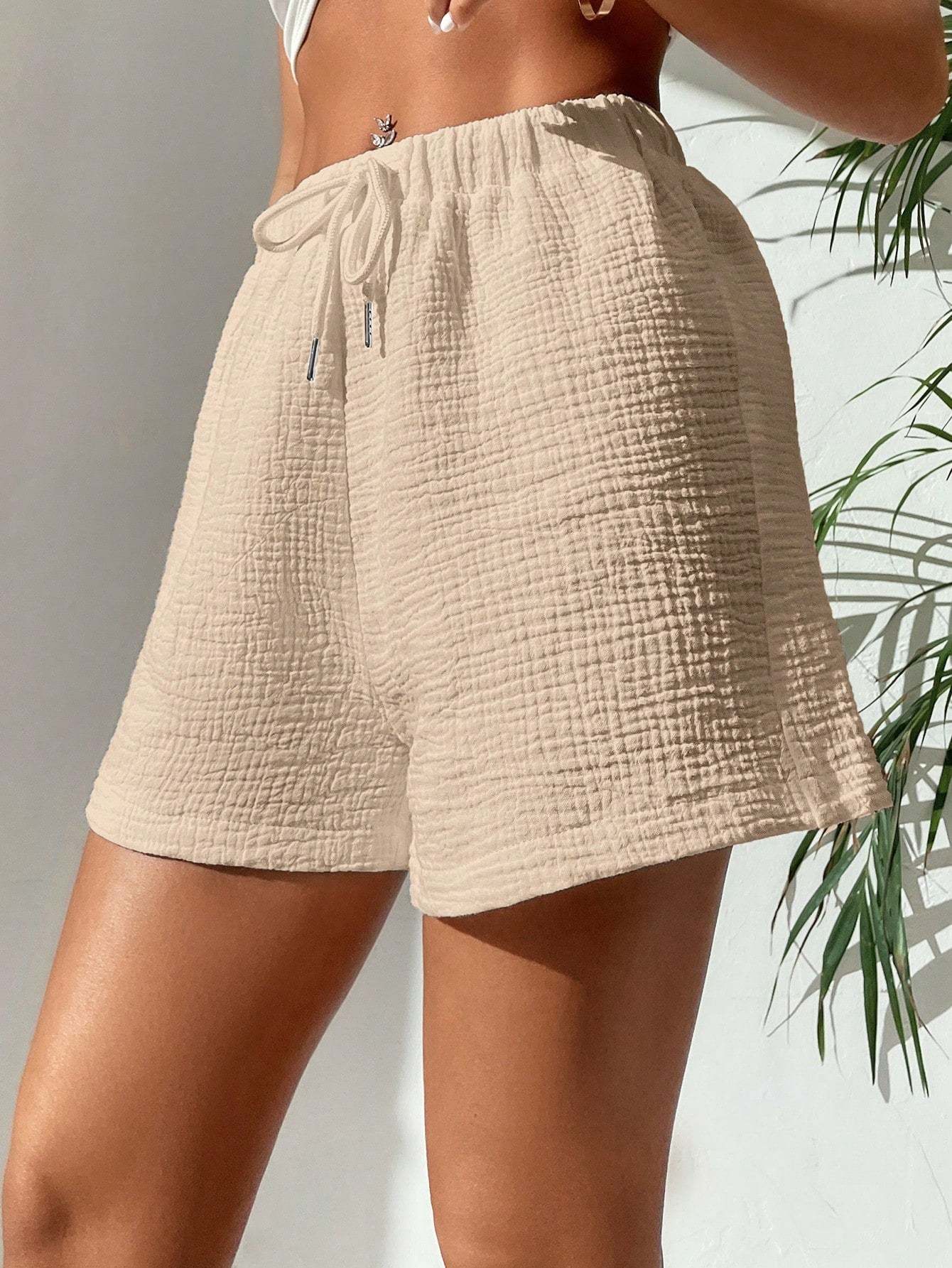 Solid Colored Drawstring Front Shorts-Cozy Knit Sets