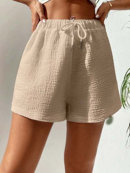Solid Colored Drawstring Front Shorts-Cozy Knit Sets