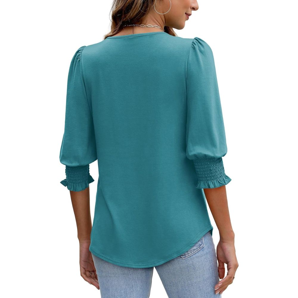 Dressy Casual 3/4 Length Sleeve Women's Tops with Smocked CuffsDressy Casual Tunic Top With Smocked Sleeve Cuffs And Curved Hem For Women - Image 22