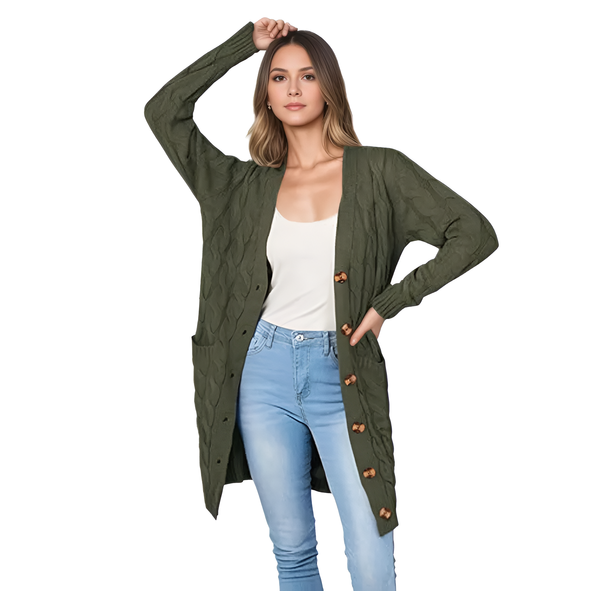 Long Cable Knit Open Front CardiganLong Cable Knit Open Front Cardigan - Image 3