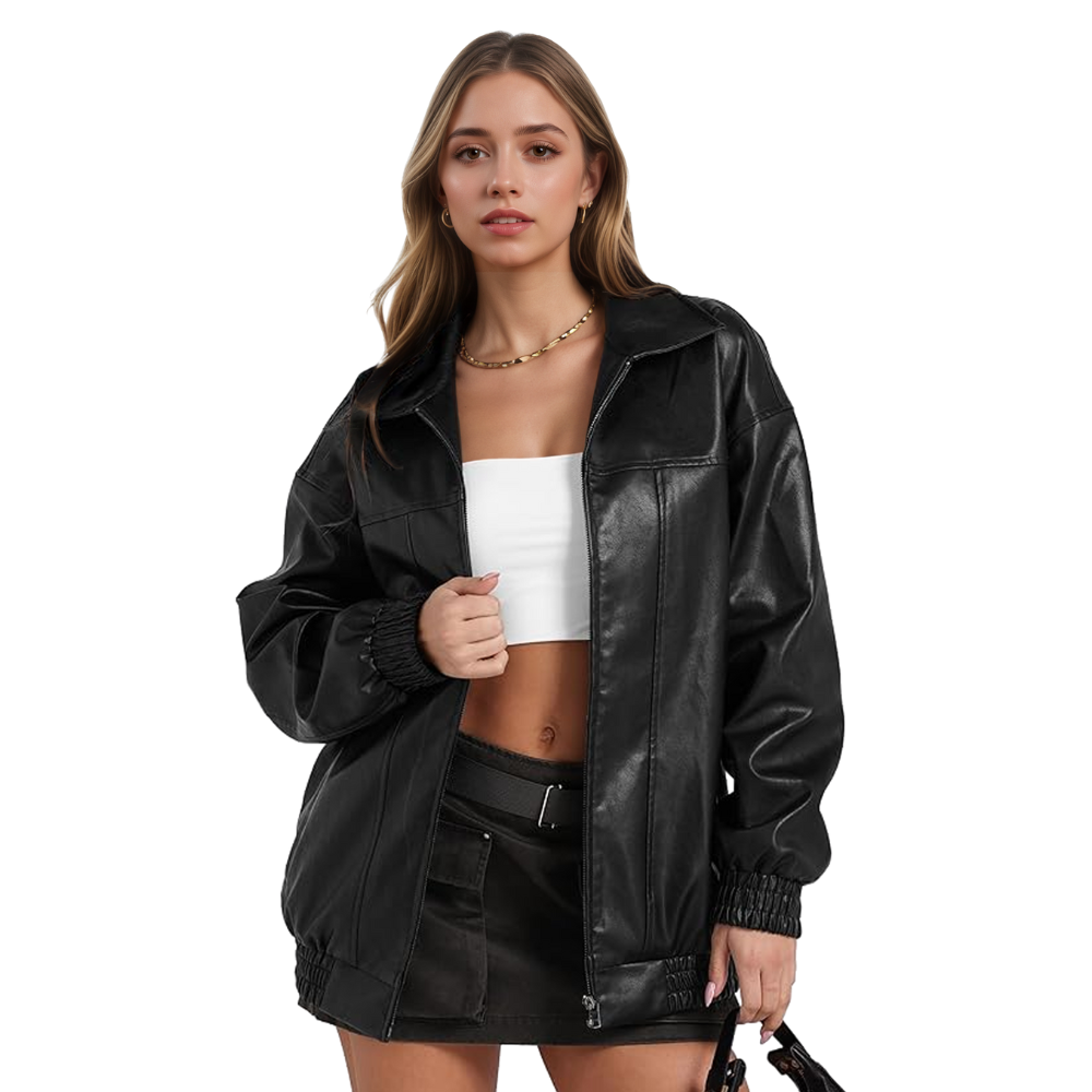 Women Oversized Faux Leather Motorcycle Zip Up Jacket