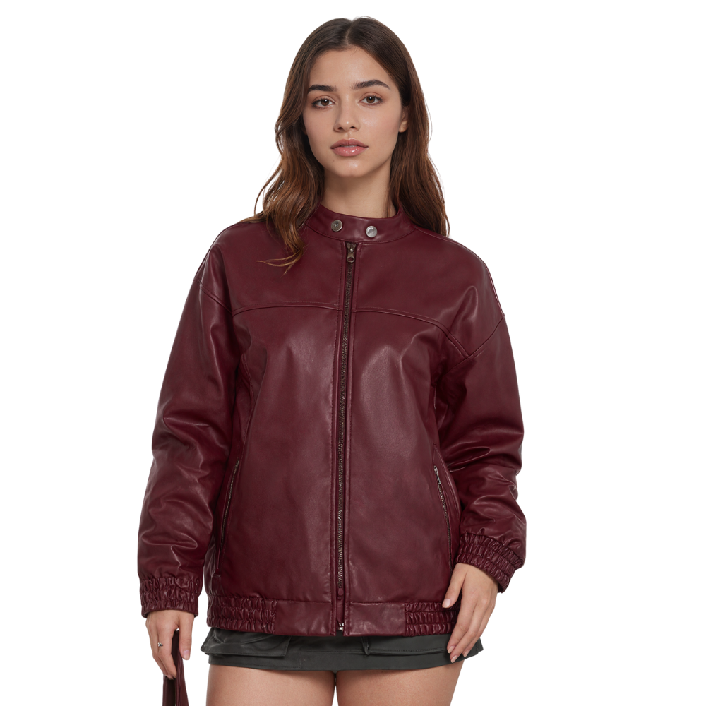 Women Oversized Faux Leather Motorcycle Bomber Jacket