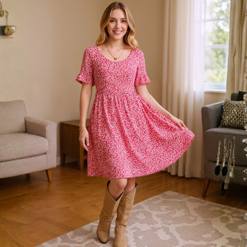 Ditsy Floral Puff Sleeve Flare Dress